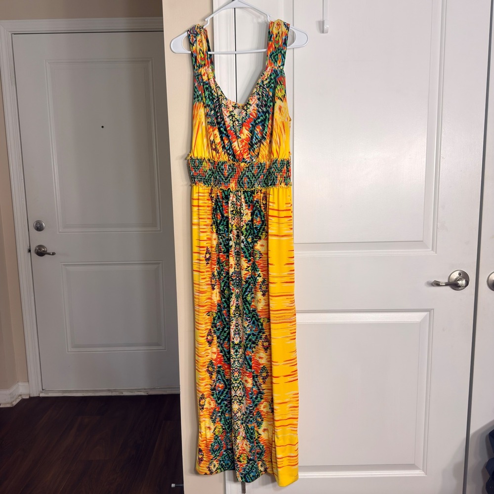 ECI New York Maxi Dress Yellow Multicolor Ikat Smocked Waist Sleeveless Medium